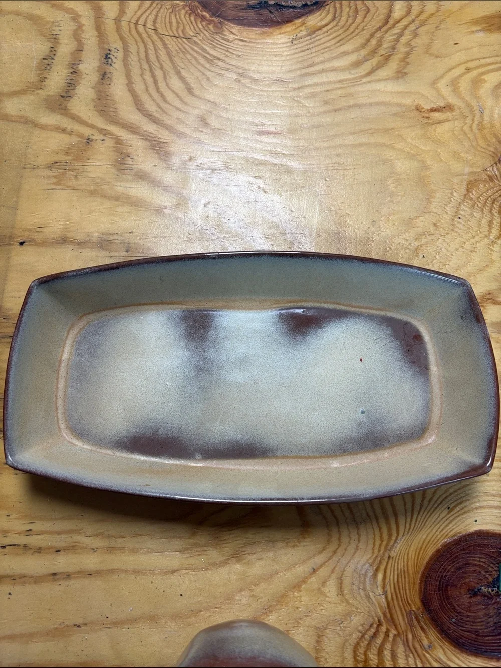 Frankoma tan and brown ceramic gravy set with platter